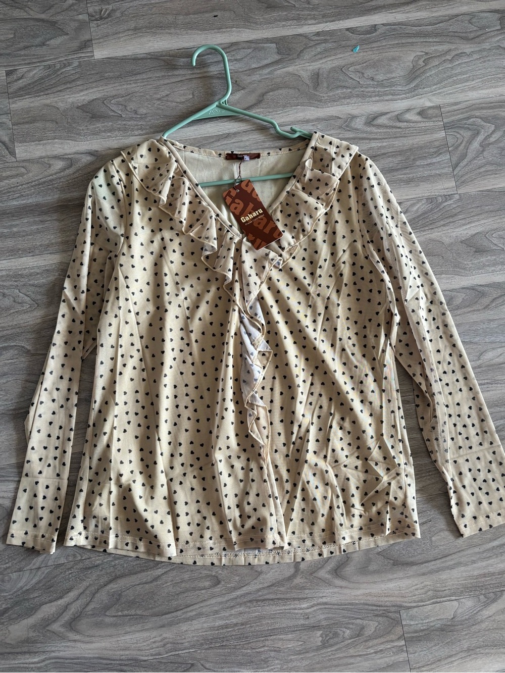 Cream Ruffle-Trim Heart Print Women's Top